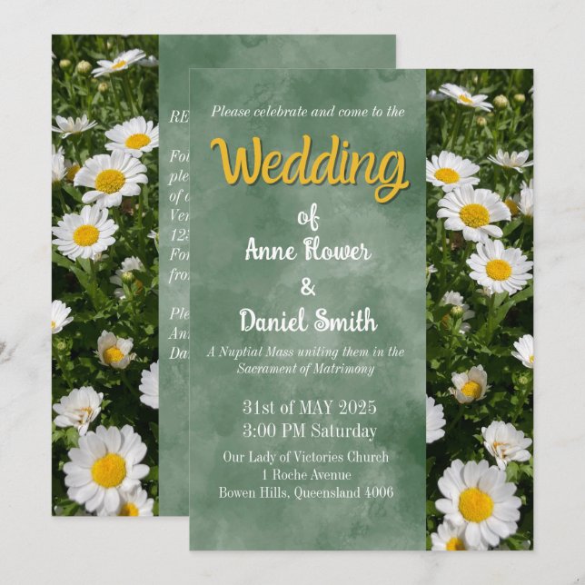 Grönt Daisy Katolska Bröllop Inbjudningar (Fram/baksida)