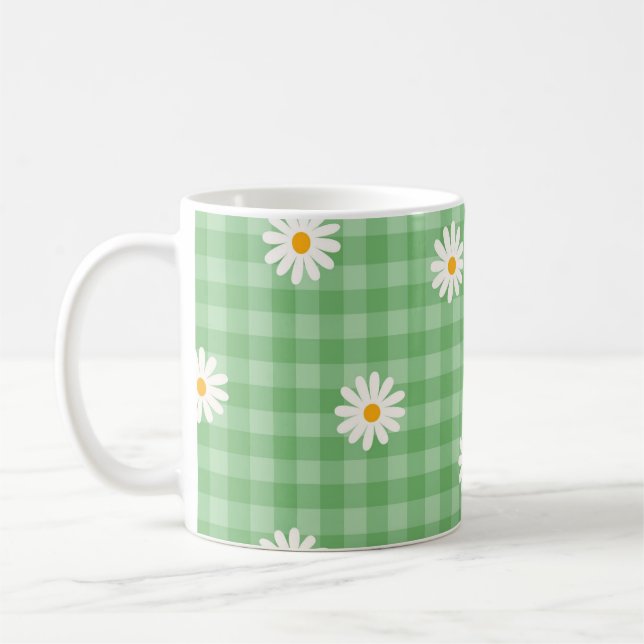Grönt Daisy Play Gingham Check Flower Mönster Kaffemugg (Vänster)