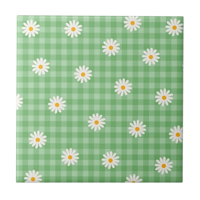 Grönt Daisy Play Gingham Check Flower Mönster Kakelplatta (Framsidan)