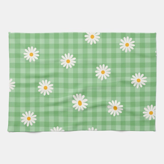 Grönt Daisy Play Gingham Check Flower Mönster Kökshandduk (Horisontell)