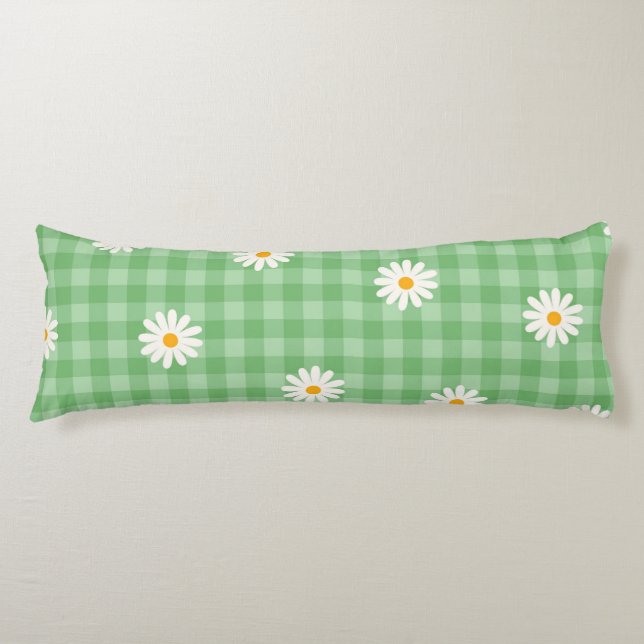Grönt Daisy Play Gingham Check Flower Mönster Kroppskudde (Framsidan)