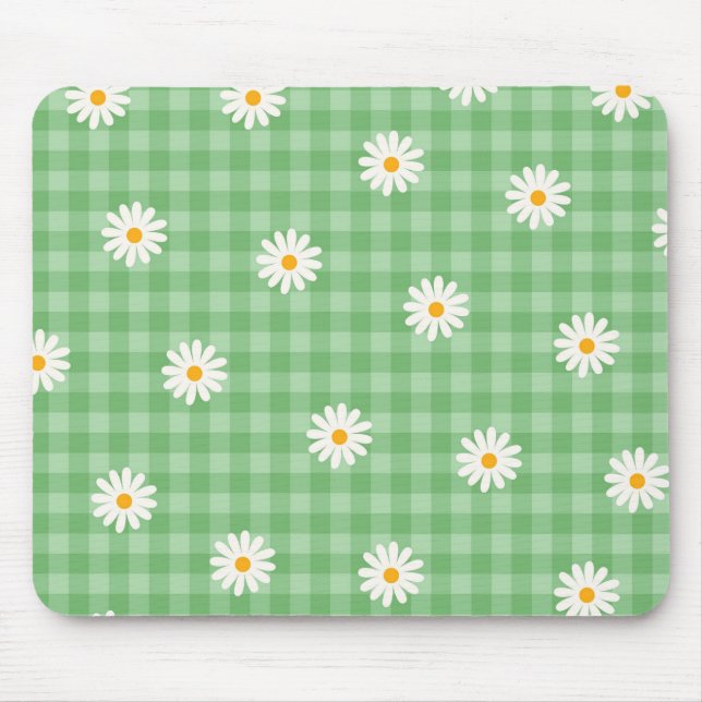 Grönt Daisy Play Gingham Check Flower Mönster Musmatta (Framsidan)