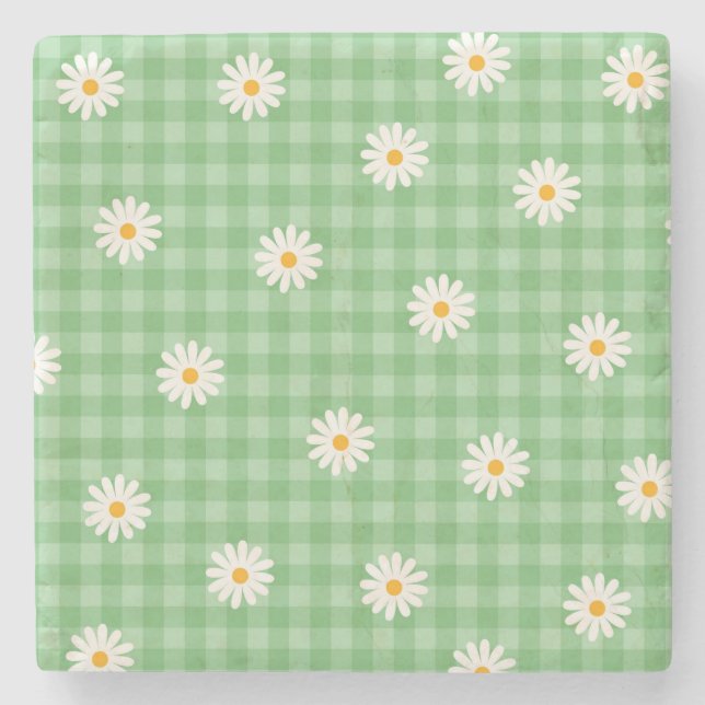 Grönt Daisy Play Gingham Check Flower Mönster Stenunderlägg (Framsidan)