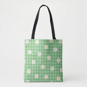 Grönt Daisy Play Gingham Check Flower Mönster Tygkasse