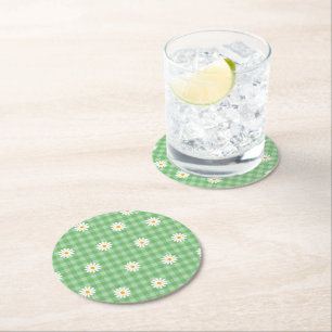 Grönt Daisy Play Gingham Check Flower Mönster Underlägg Papper Rund