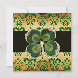 GRÖNT DAMASK,GULD SHAMROCK JEWEL MED VITA PEARLER INBJUDNINGAR