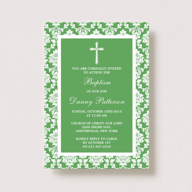 Grönt Damask Kor-baptism eller julning Inbjudningar (Skapare uppladdad)