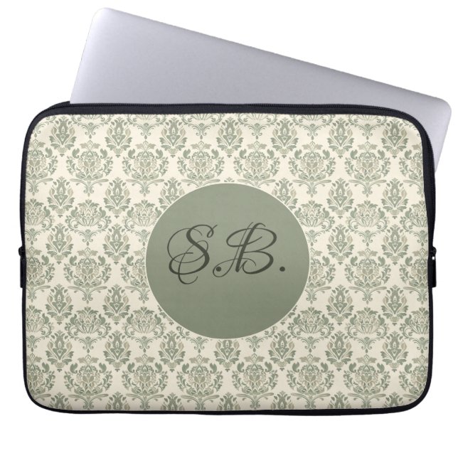 Grönt Damask Laptop Fodral (Framsidan)