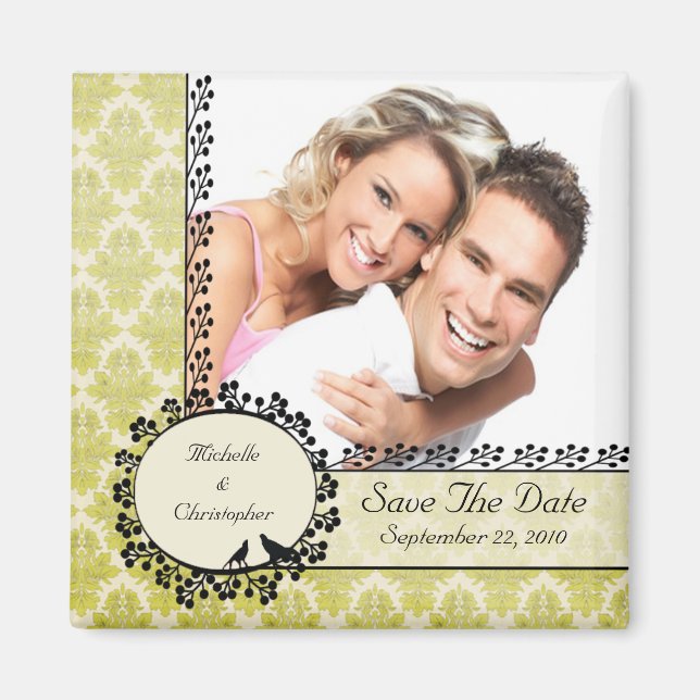 Grönt Damask Love birds Photo Spara datum magneter (Framsidan)