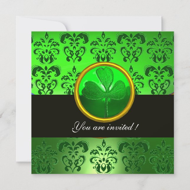 GRÖNT DAMASK MED SHAMROCK,svart Inbjudningar (Framsida)