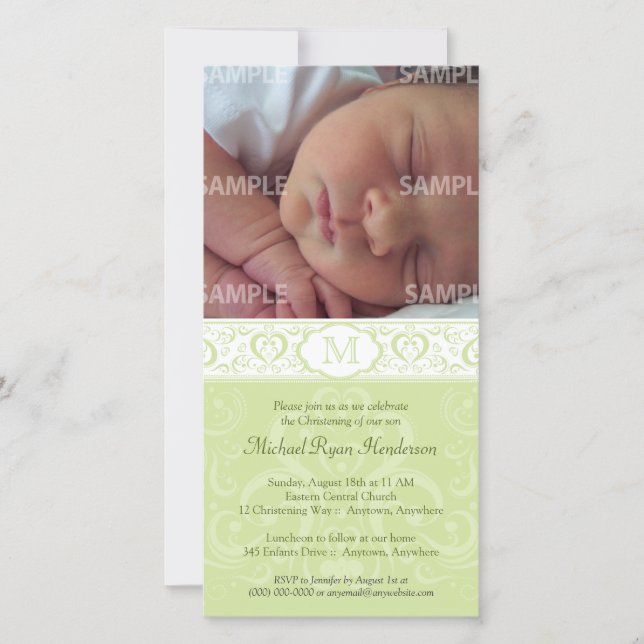 Grönt Damask Monogram Baptism/Christening (Framsida)