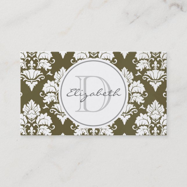 Grönt Damask Monogram Möte Affärskort Tidsbeställning Kort (Framsida)