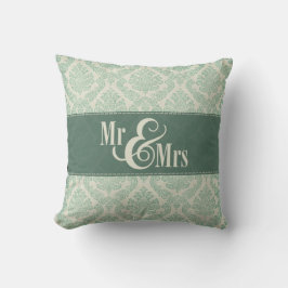 Grönt Damask "Mr & Mrs" kudde, personlig Kudde