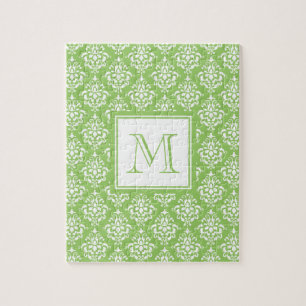 Grönt damastast mönster 1 med monogramen pussel