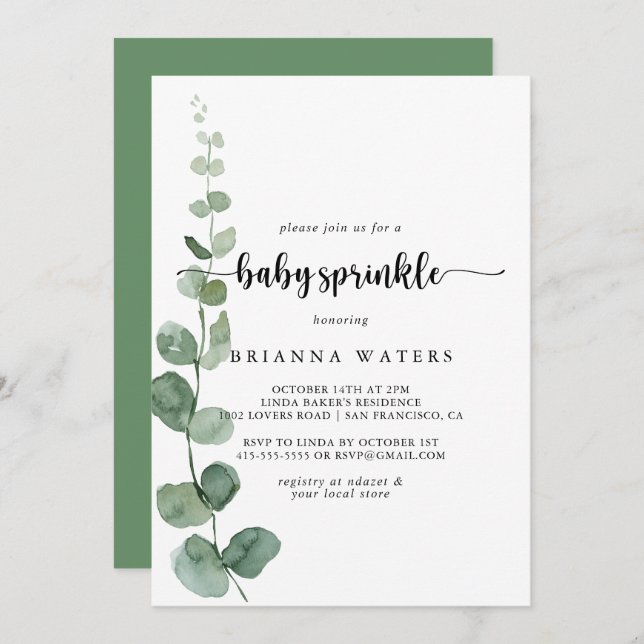 Grönt Delight Eucalyptus Baby Sprinkle Inbjudningar (Fram/baksida)