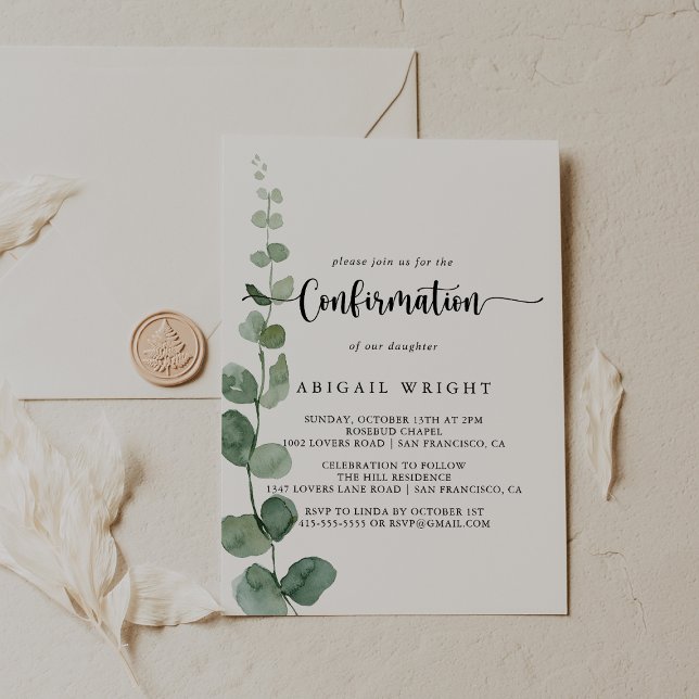 Grönt Delight Eucalyptus Calligraphy Confirmation Inbjudningar (Skapare uppladdad)