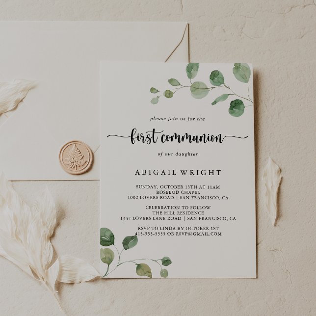Grönt Delight Eucalyptus First Communion Inbjudningar (Skapare uppladdad)
