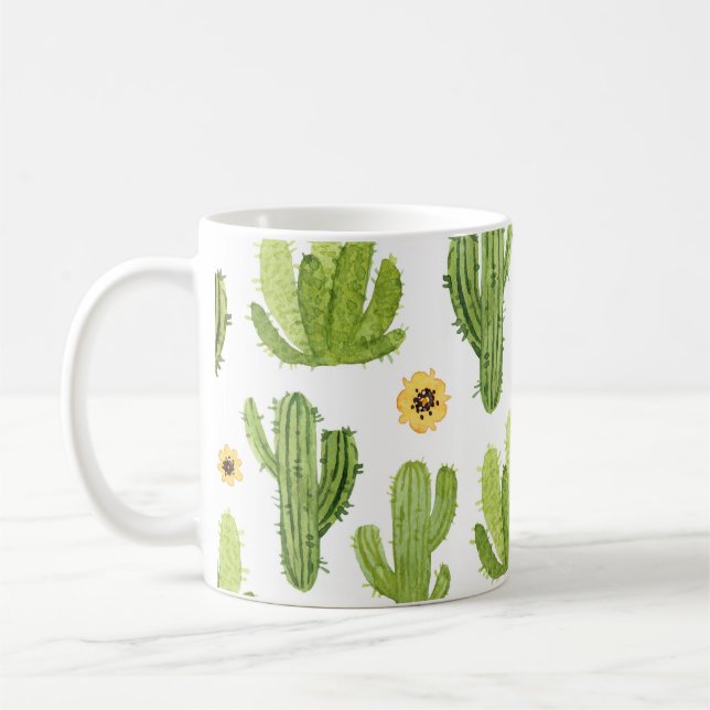 Grönt Desert Cactus: Vattenfärgssömlös Kaffemugg (Vänster)