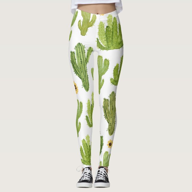 Grönt Desert Cactus: Vattenfärgssömlös Leggings (Framsida)