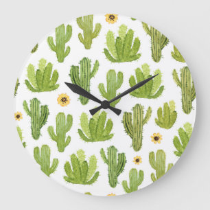 Grönt Desert Cactus: Vattenfärgssömlös Stor Klocka