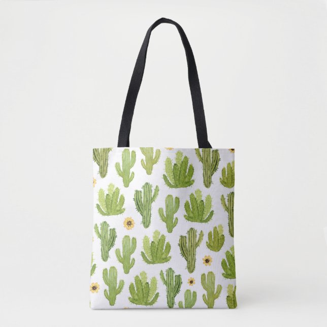 Grönt Desert Cactus: Vattenfärgssömlös Tygkasse (Framsida)