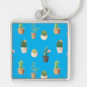 Grönt Dessert Succult Cactus in Pots Fyrkantig Silverfärgad Nyckelring