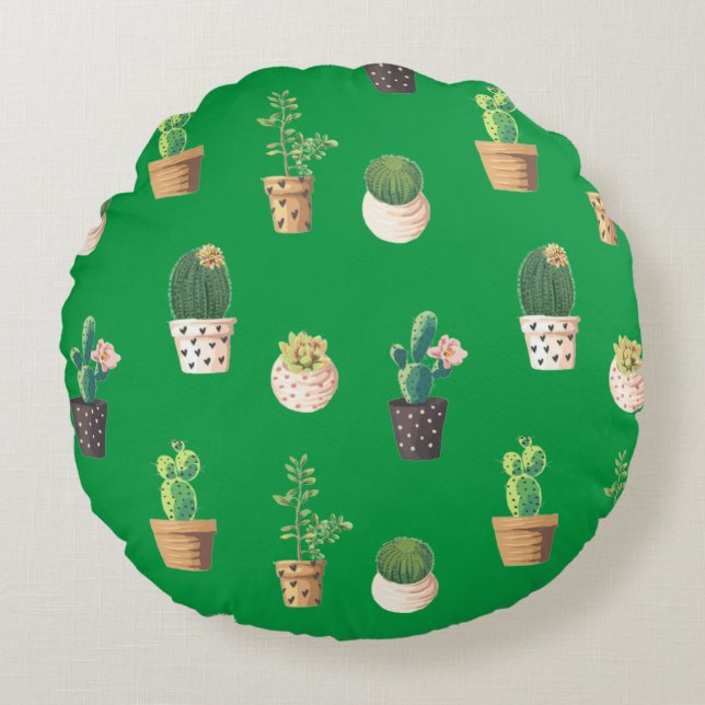 Grönt Dessrt Succulent Cactus in Pots Rund Kudde (Framsidan)