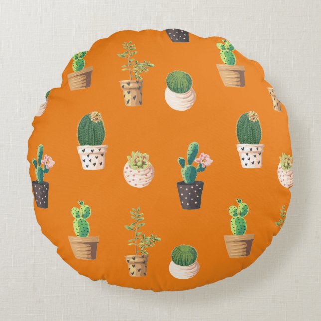 Grönt Dessrt Succulent Cactus in Pots Rund Kudde (Framsidan)