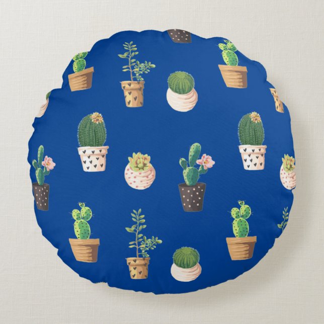 Grönt Dessrt Succulent Cactus in Pots Rund Kudde (Framsidan)