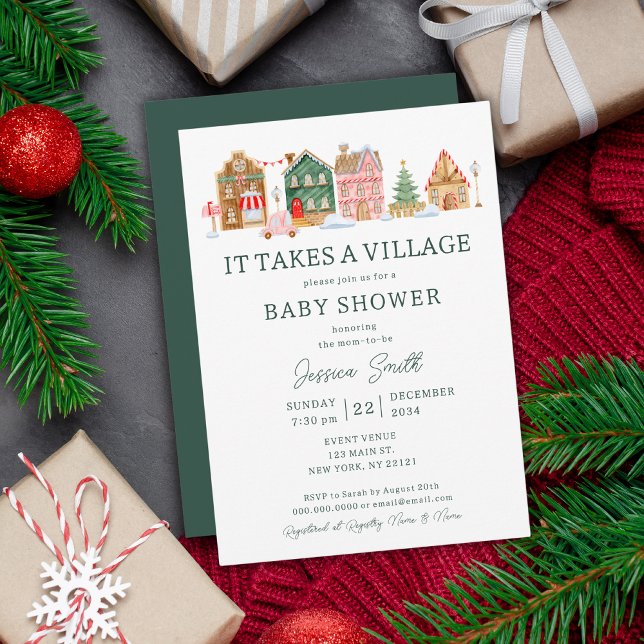 Grönt Det tar en skugga över byns jul Inbjudningar (Green It Takes A Village Christmas Baby Shower Invitation
)