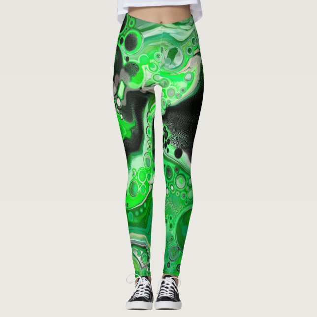 Grönt Digital Fluid Marble Art Leggings (Framsida)