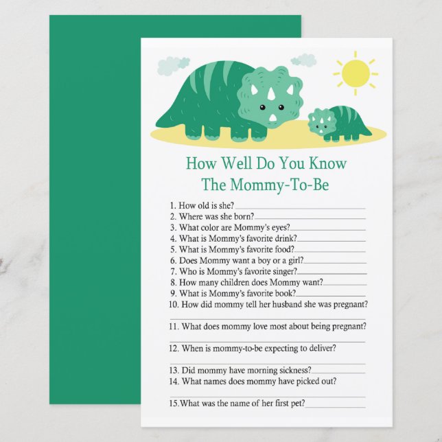 Grönt Dino Hur bra vet du om babyduschspel? (Fram/baksida)