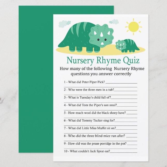 Grönt Dino Nursery Rhyme Quiz babyduschspel (Fram/baksida)