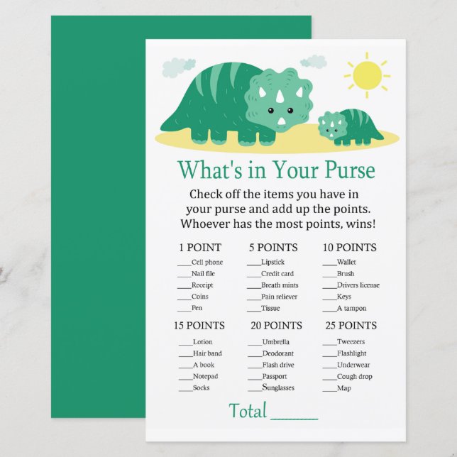 Grönt Dino What's in your purse match babydusch (Fram/baksida)