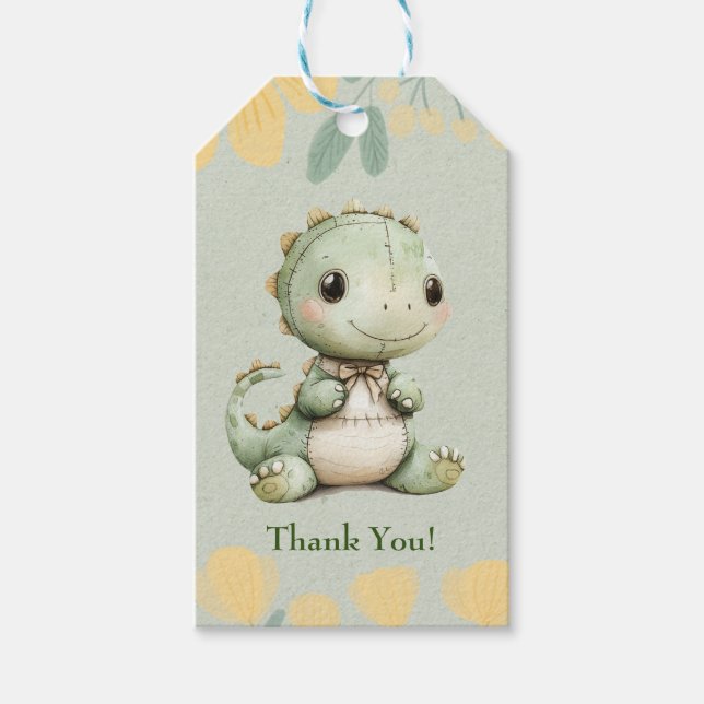 Grönt Dinosaur 1:a födelsedagen Party Tack Presentetikett (Framsidan)