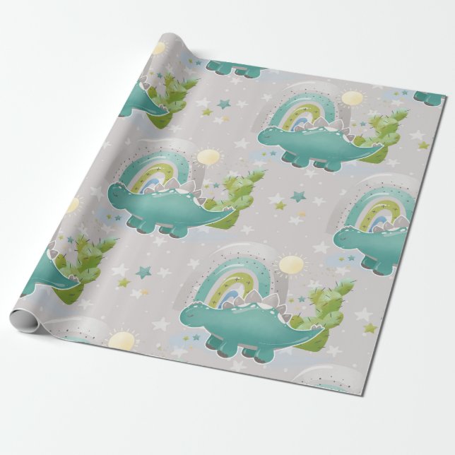 Grönt Dinosaur and Rainbow Baby Shower Mönster Presentpapper (Utrullad)