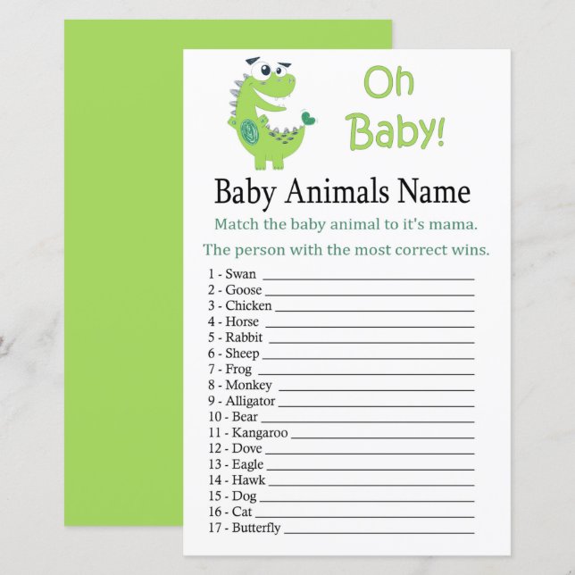 Grönt Dinosaur Baby djur Namn Game (Fram/baksida)