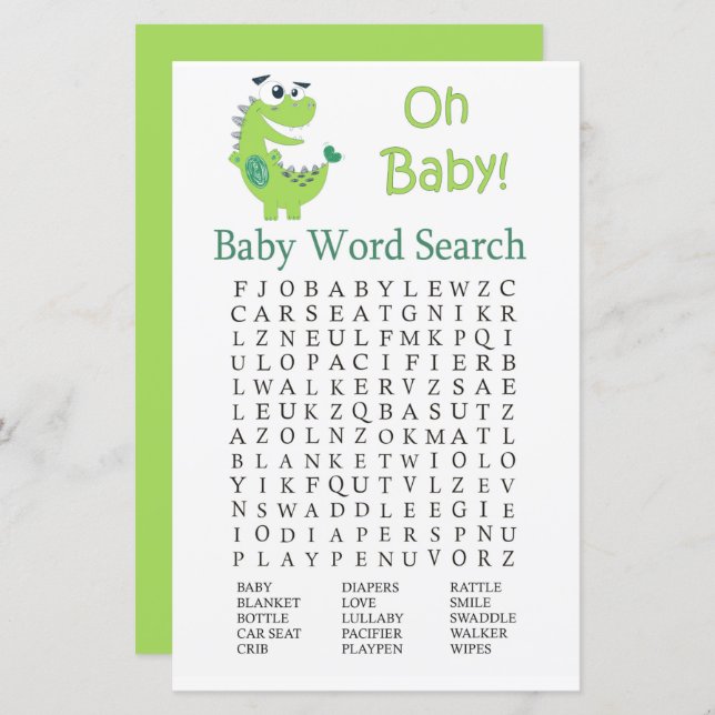 Grönt Dinosaur Baby Shower Ord Search Game (Fram/baksida)