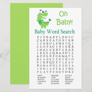 Grönt Dinosaur Baby Shower Ord Search Game