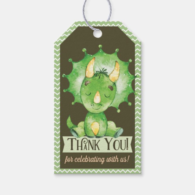 Grönt Dinosaur Baby Shower Tack Gift Märkre Presentetikett (Framsidan)