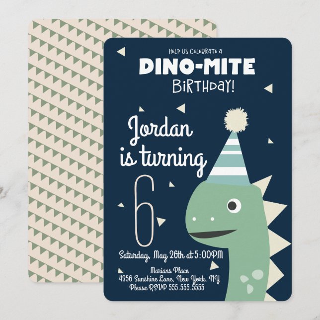 Grönt Dinosaur Birthday Confetti-inbjudan Inbjudningar (Fram/baksida)