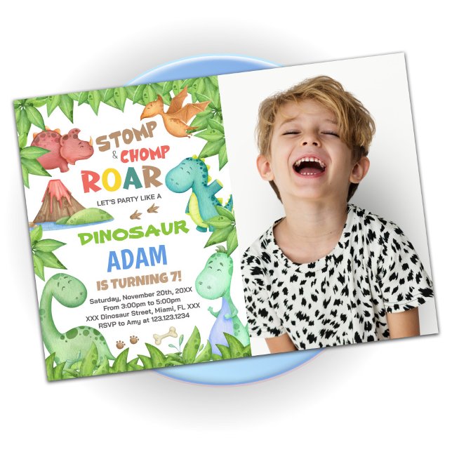 Grönt Dinosaur Birthday-inbjudningar med foto Inbjudningar (Skapare uppladdad)