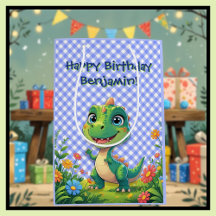 Grönt Dinosaur Blue Gingham Birthday