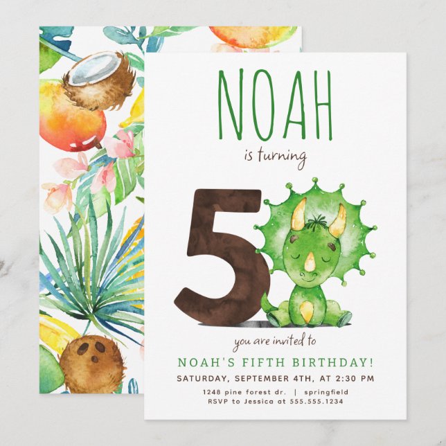 Grönt Dinosaur femte födelsedag Inbjudningar (Fram/baksida)