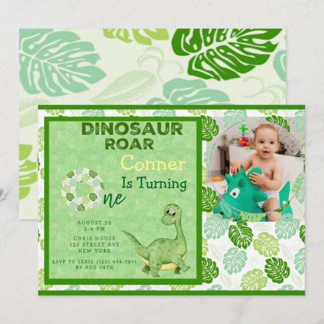 Grönt Dinosaur Lägg till bild Boy 1st Birthday Par Inbjudningar (Fram/baksida)
