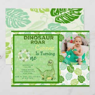Grönt Dinosaur Lägg till bild Boy 1st Birthday Par Inbjudningar