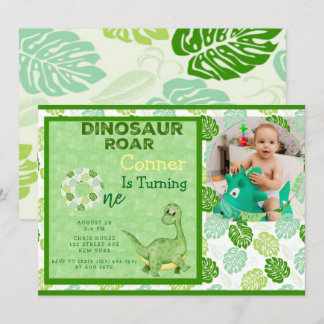 Grönt Dinosaur Lägg till bild Boy 1st Birthday Par Inbjudningar
