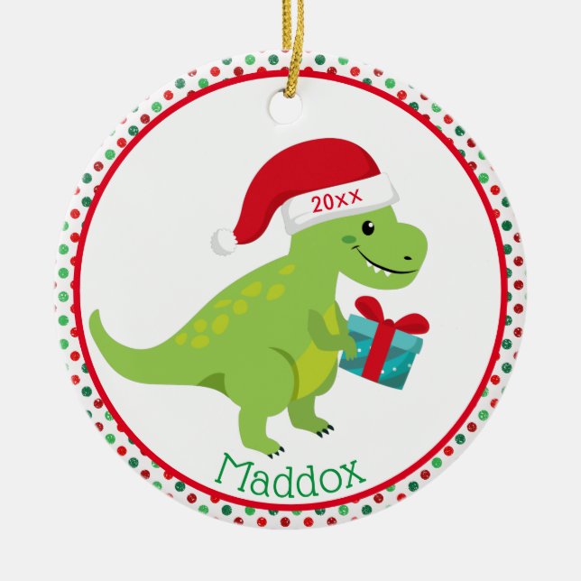 Grönt Dinosaur med Santa Hat Personlig Julgransprydnad Keramik (Framsidan)