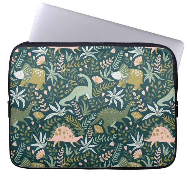 Grönt Dinosaur Mönster Laptop Fodral (Framsidan)