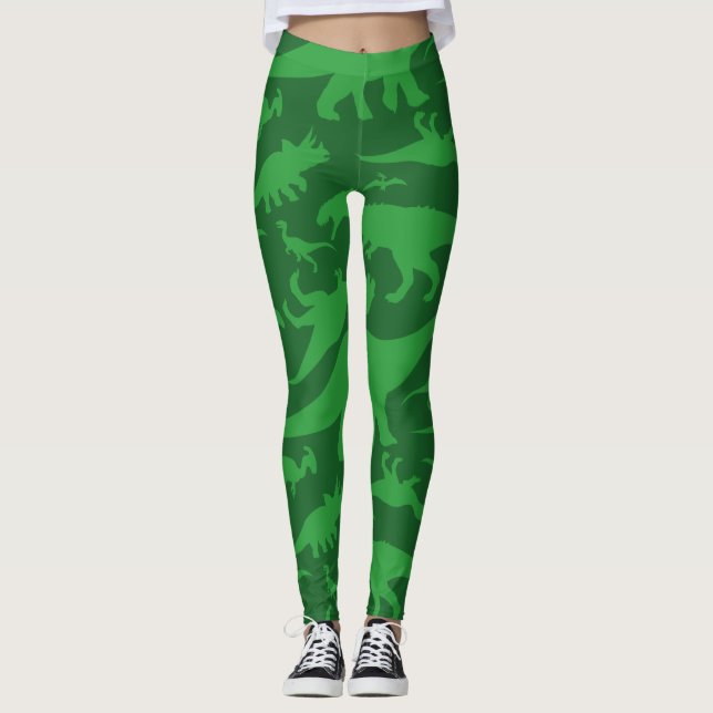 Grönt Dinosaur Mönster Leggings (Framsida)